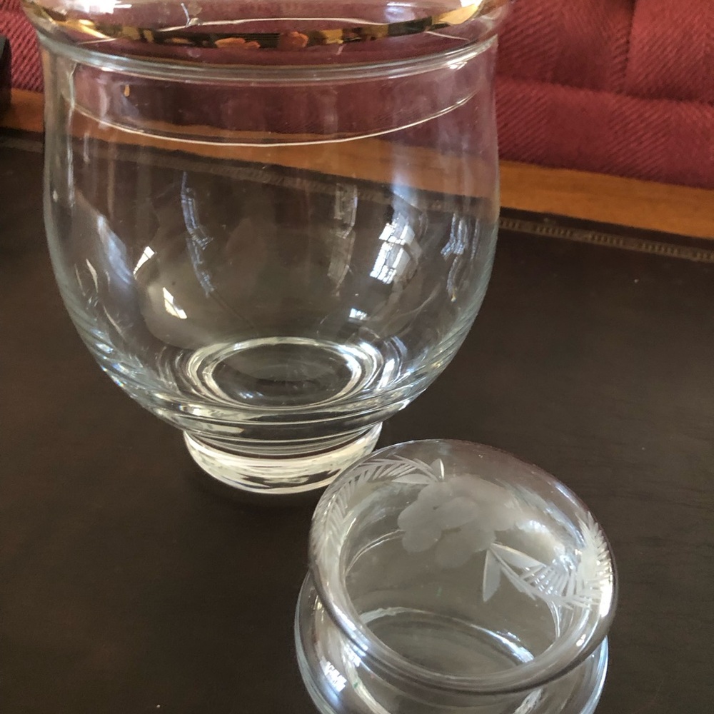 Vintage Italian Clear Glass Decorative Jar with Etched Floral Lid - White/Clear